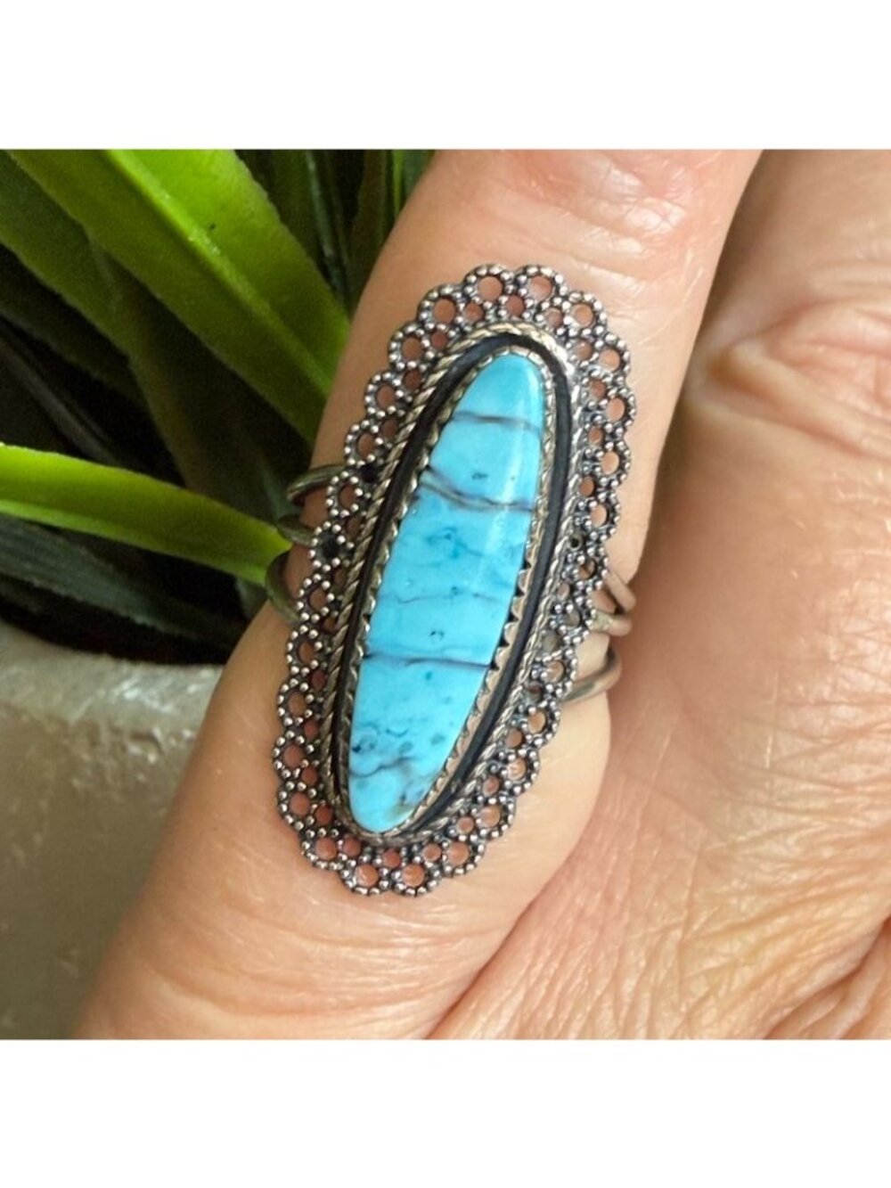 Vintage Turquoise Beau Sterling Silver Filigree Cabochon Bezel Ring Size 5 Adjus